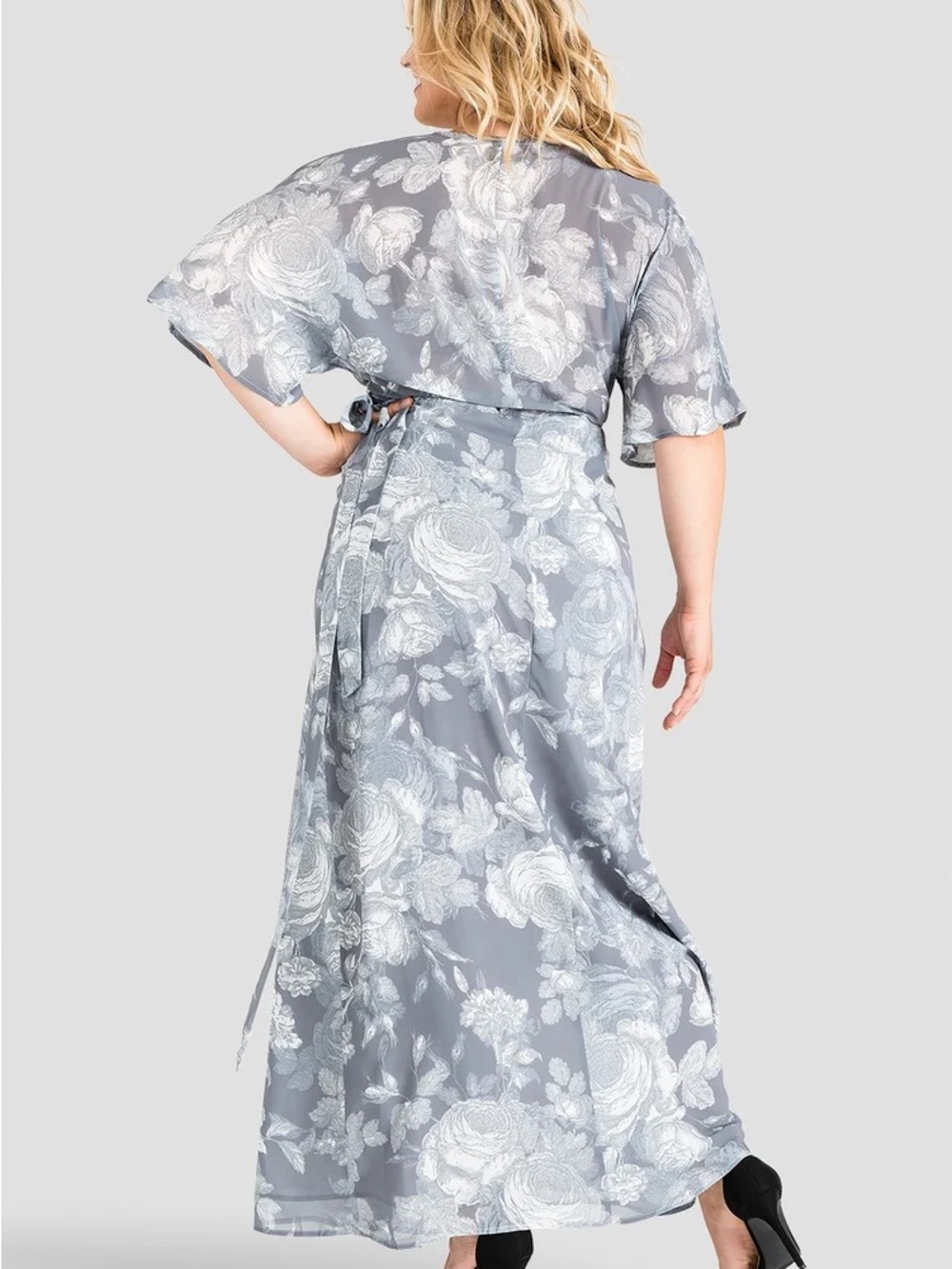 Standards & Practices Gray Floral Print Chiffon Kimono Wrap Maxi Dress. 3X - Picture 2 of 5